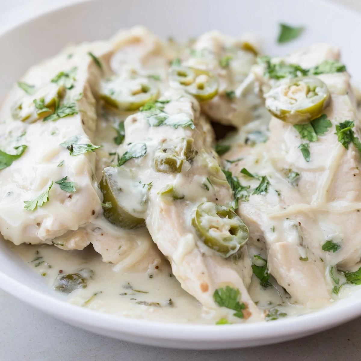 Spicy jalapeno chicken simmering in rich garlic cream sauce with fresh cilantro garnish