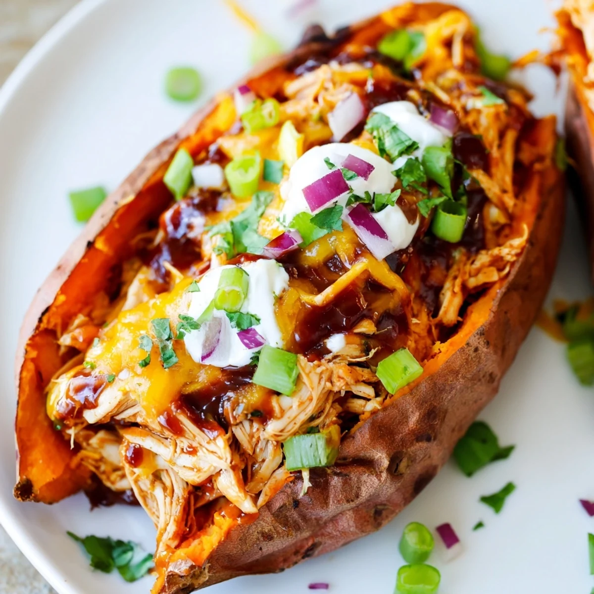 BBQ chicken stuffed sweet potatoes with gooey cheese and fresh cilantro on a white dinner plate