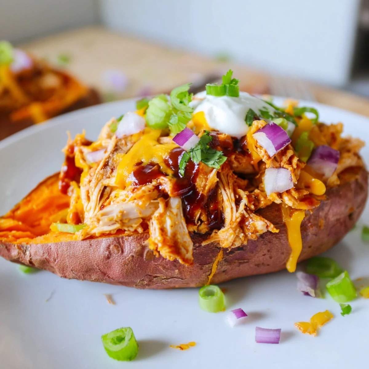 Tender roasted sweet potato topped with smoky BBQ chicken and melted cheddar cheese garnished with green onions