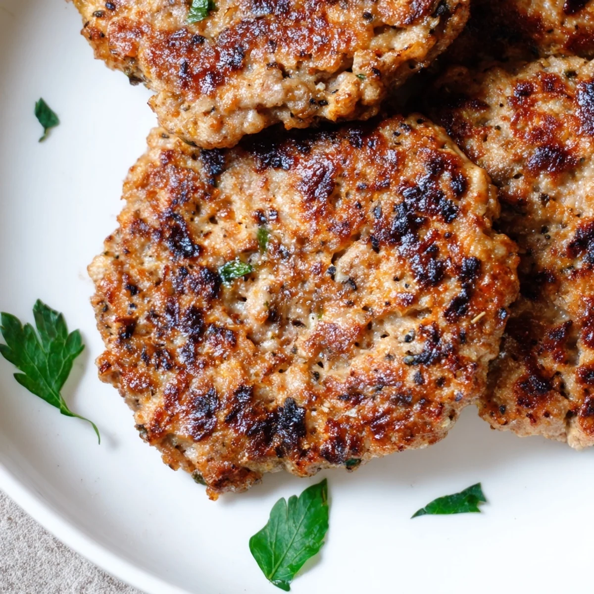 Golden brown ground turkey sausage patties sizzling in a cast iron skillet ready for breakfast
