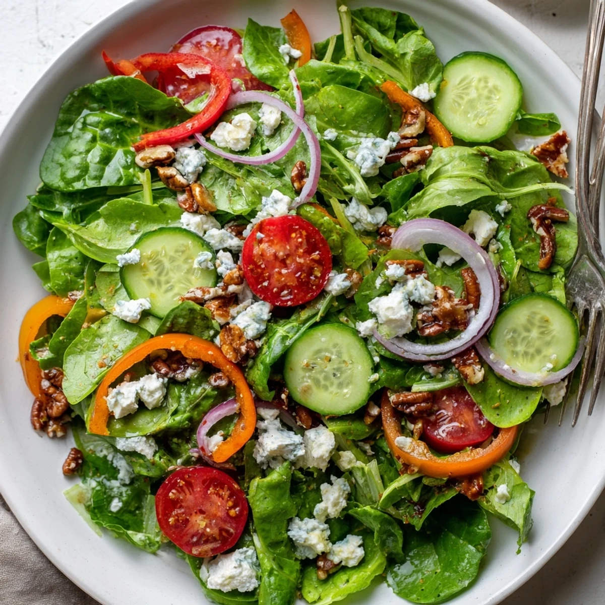 A vibrant spring mix salad with cherry tomatoes, cucumber, and crumbled feta on a rustic plate