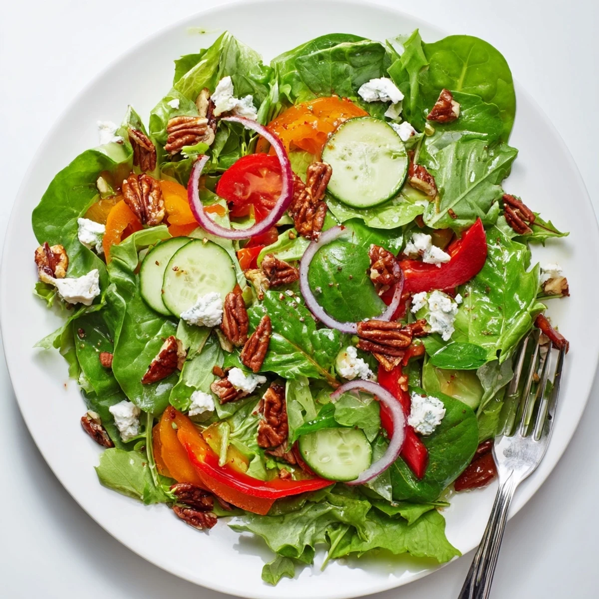 Fresh spring mix salad tossed with crisp bell peppers, red onion, and tangy balsamic vinaigrette