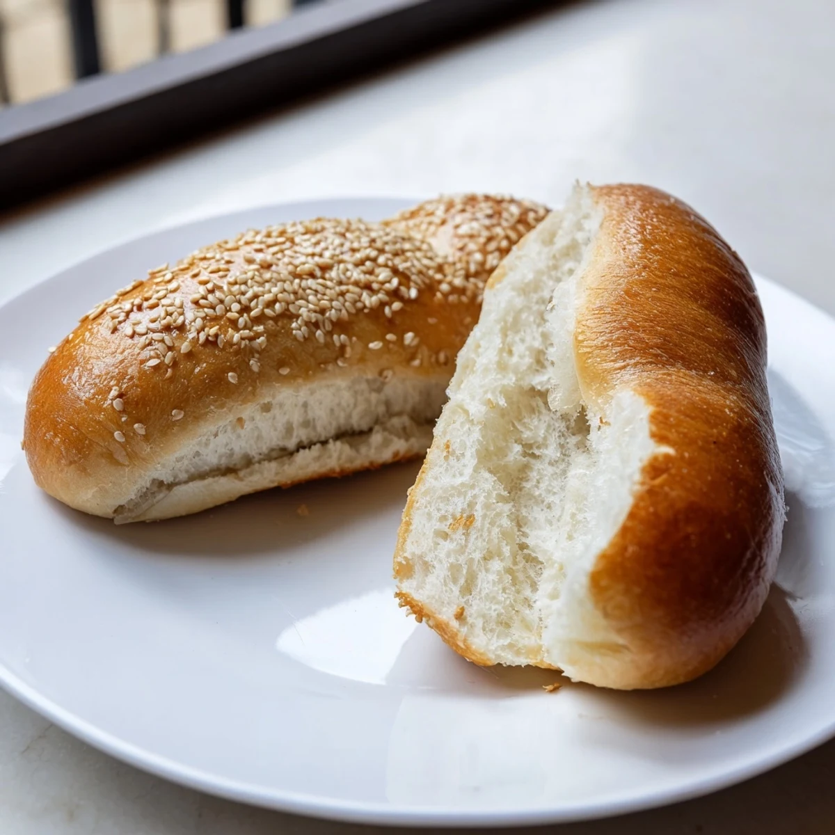 Golden brown sourdough discard hot dog buns fresh from the oven with sesame seed topping