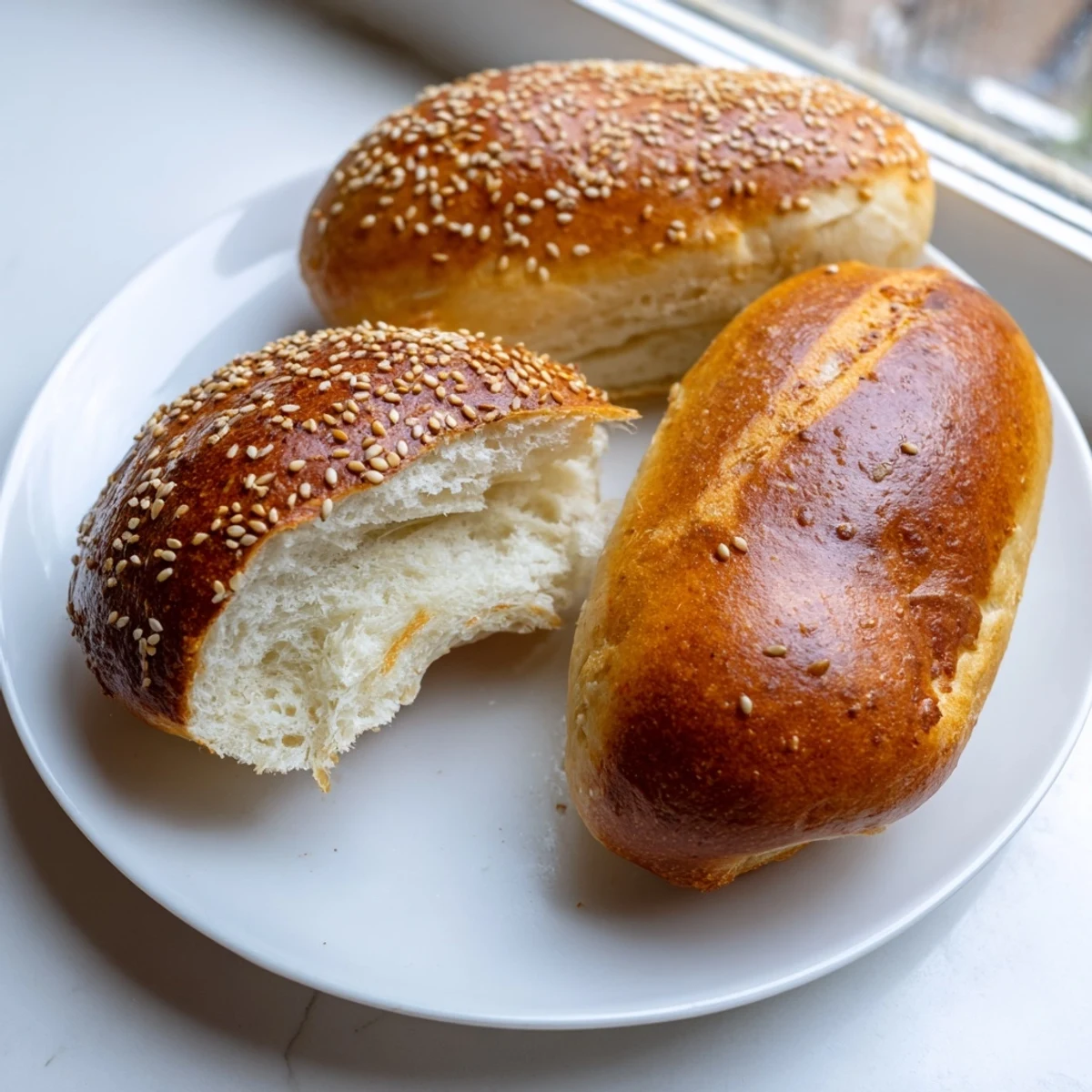 Soft homemade sourdough discard hot dog buns arranged on a wooden cutting board ready for serving