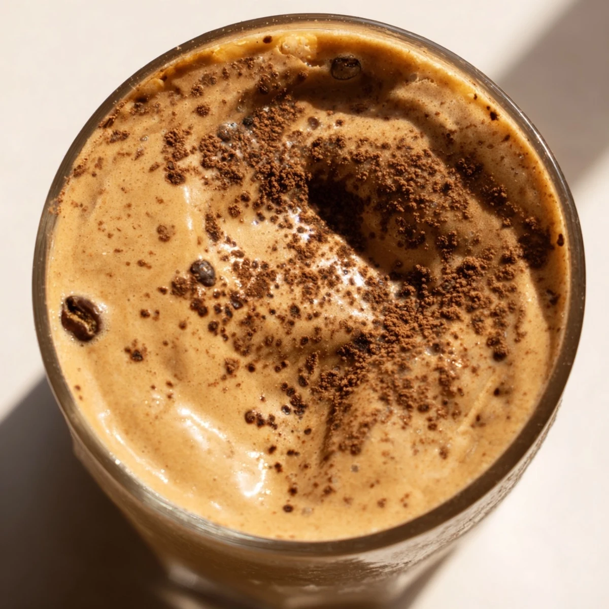 Creamy coffee smoothie in a tall glass topped with chocolate shavings and a striped straw