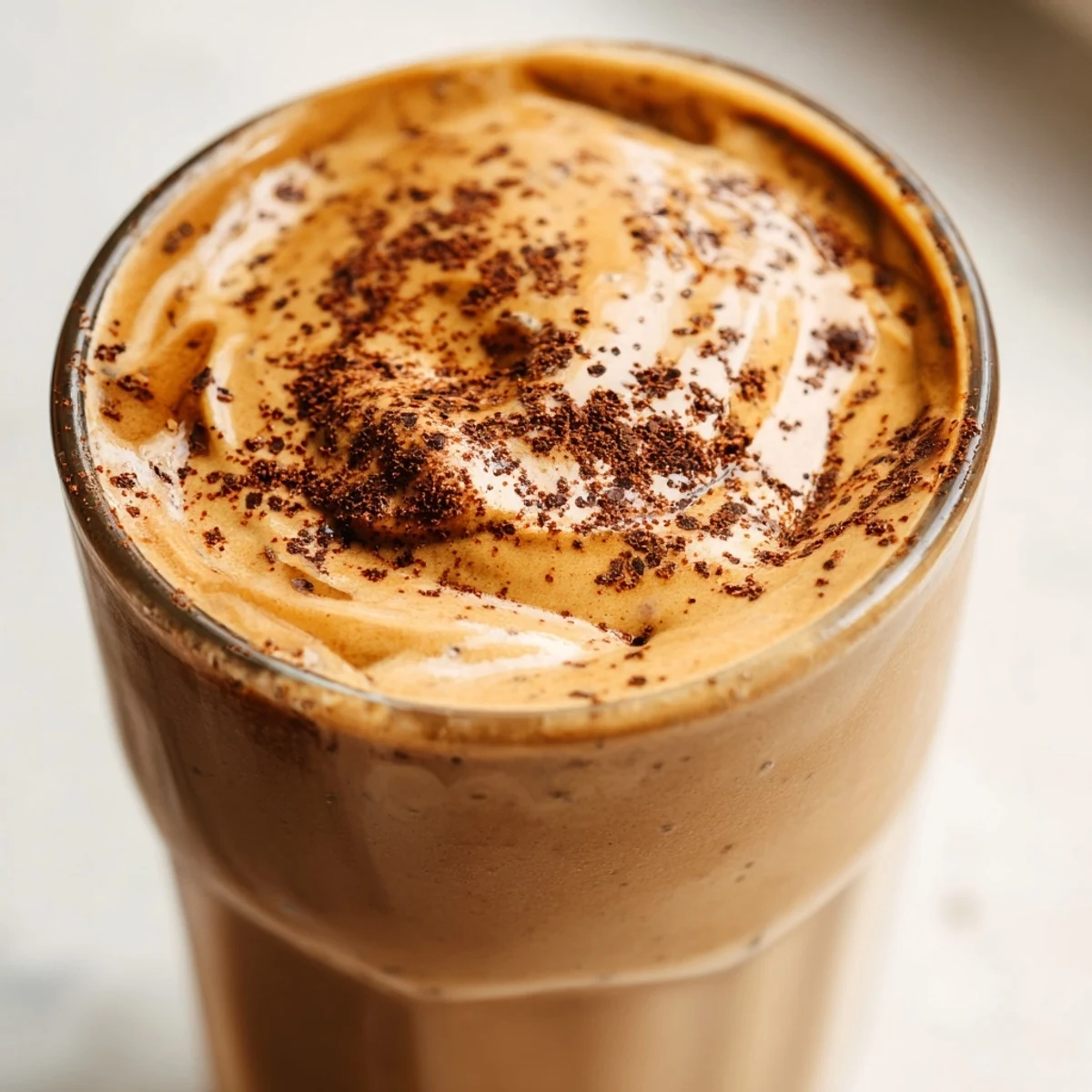Frothy coffee smoothie poured into two mason jars ready for a quick breakfast