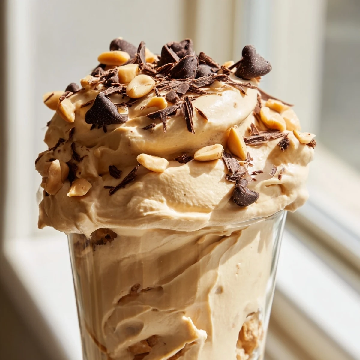 Creamy peanut butter and Cool Whip mousse topped with chopped peanuts and chocolate shavings