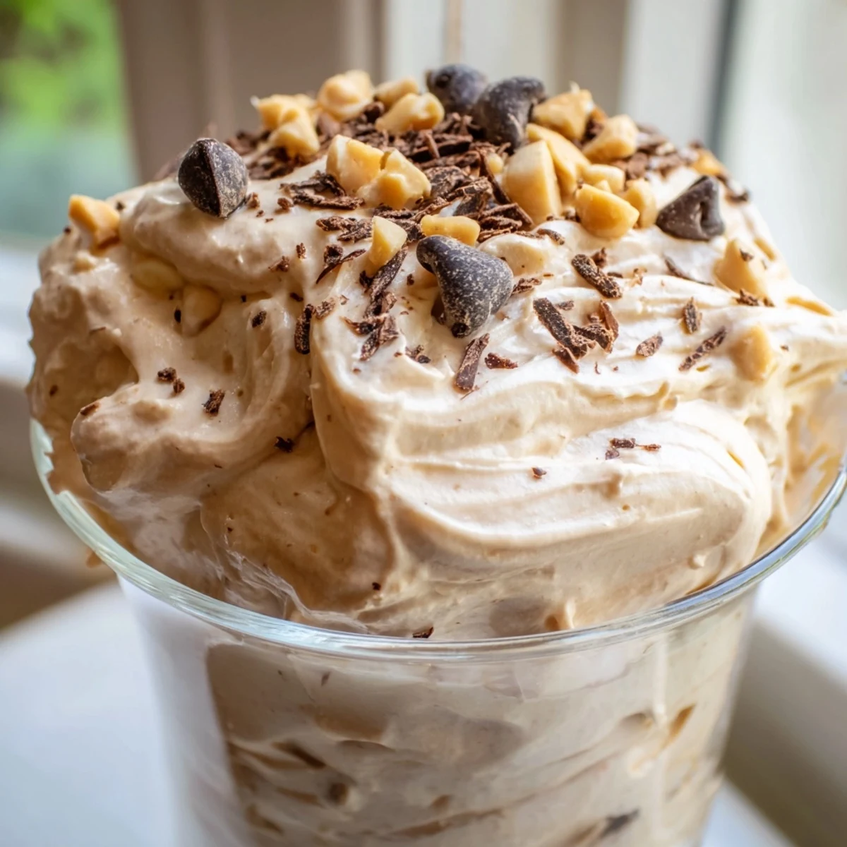Fluffy peanut butter and Cool Whip mousse served in glasses with a chocolate drizzle