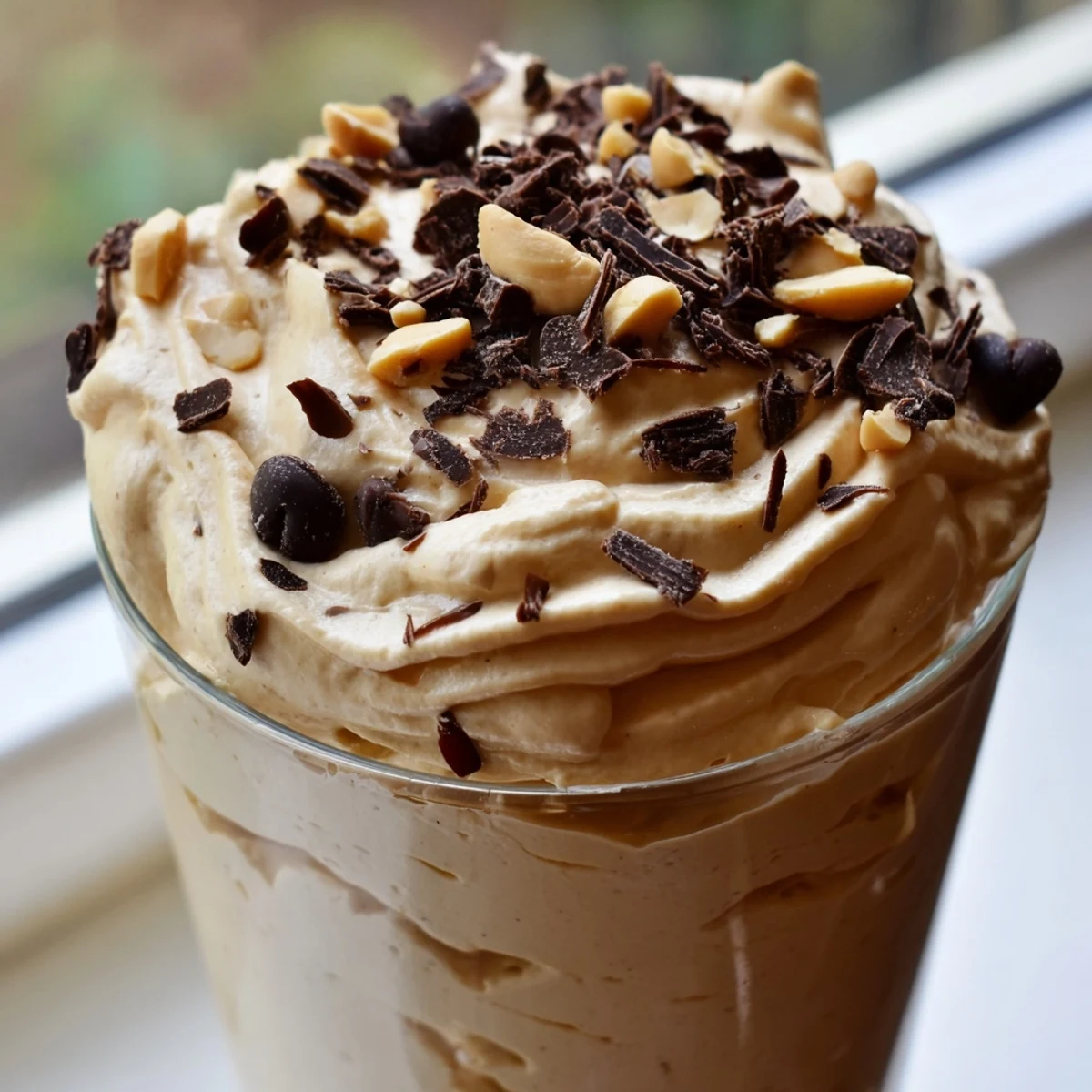 Smooth peanut butter and Cool Whip mousse spooned into dessert cups with roasted peanut garnish