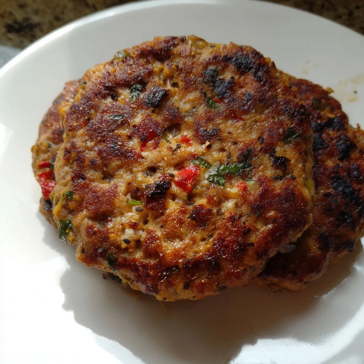 Juicy spiced Pakistani Chapli Kabab garnished with fresh cilantro and lemon wedges