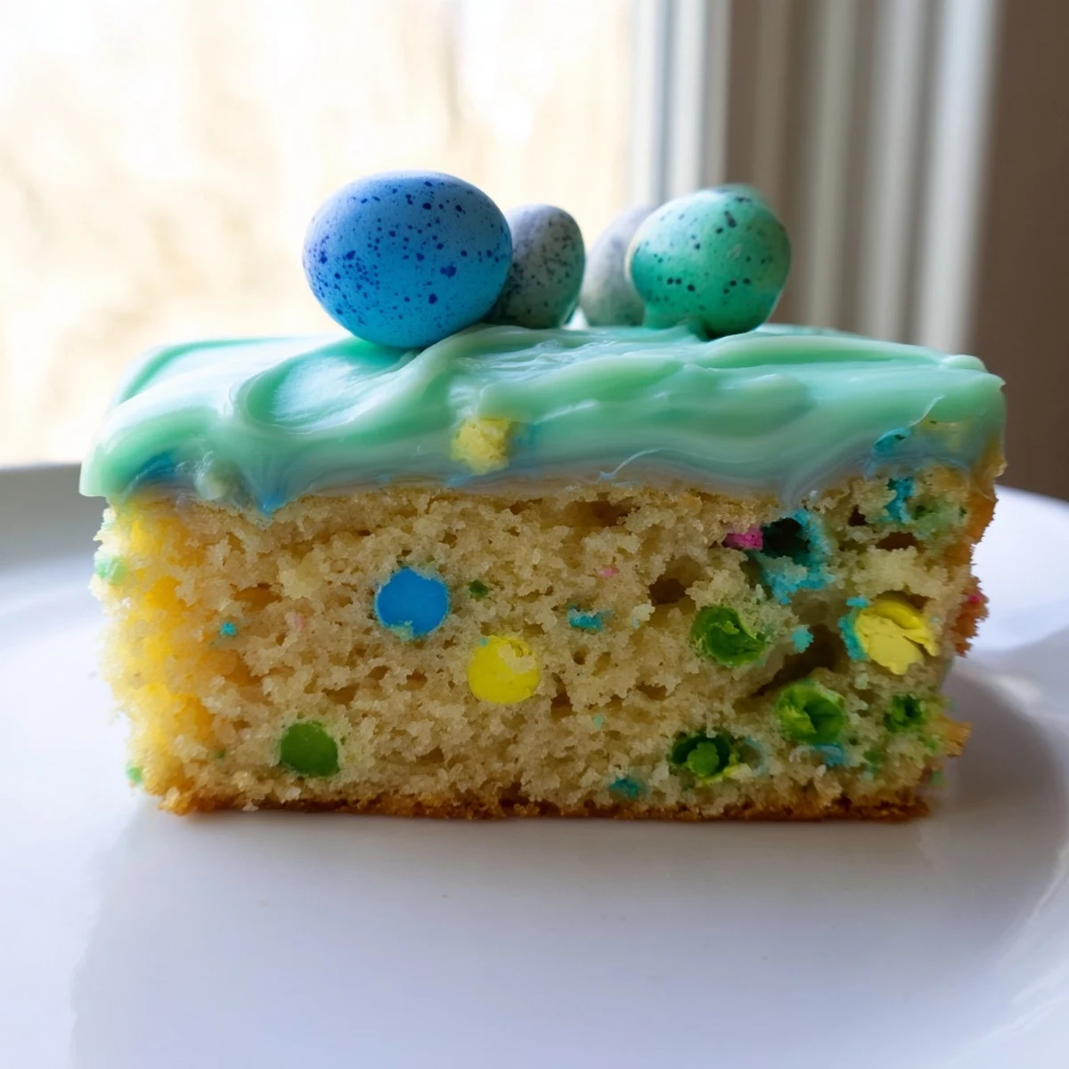 Tender Robin Egg Snack Cake topped with pastel glaze and colorful candy-coated chocolate eggs