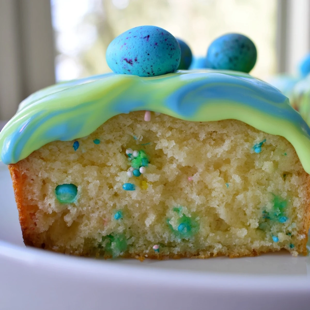 Moist vanilla Robin Egg Snack Cake studded with crushed malted candies and drizzled icing