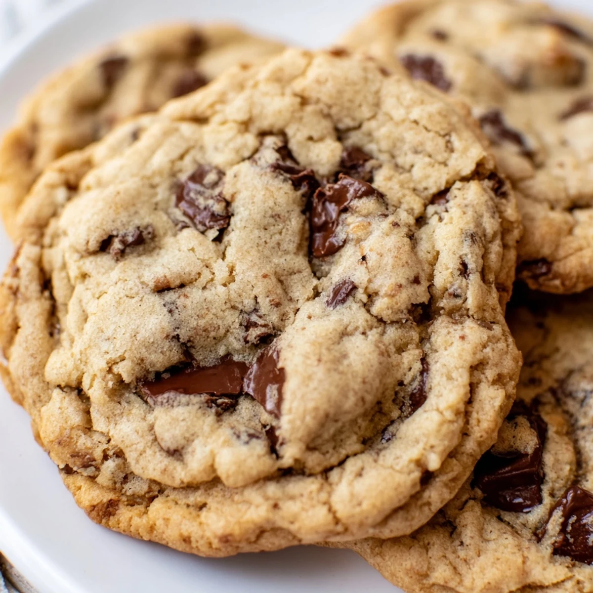 Golden nut free chocolate chip cookies with melted chocolate morsels stacked on a cooling rack