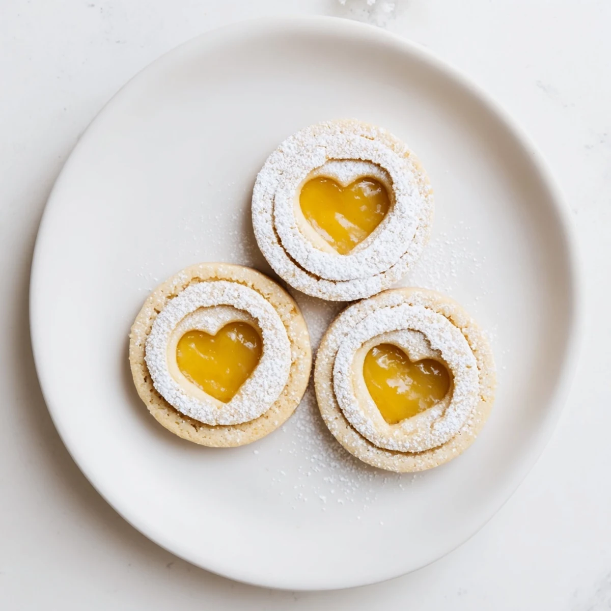 Delicate Meyer Lemon Curd Linzer Cookies with powdered sugar dusting and cutout window revealing golden filling