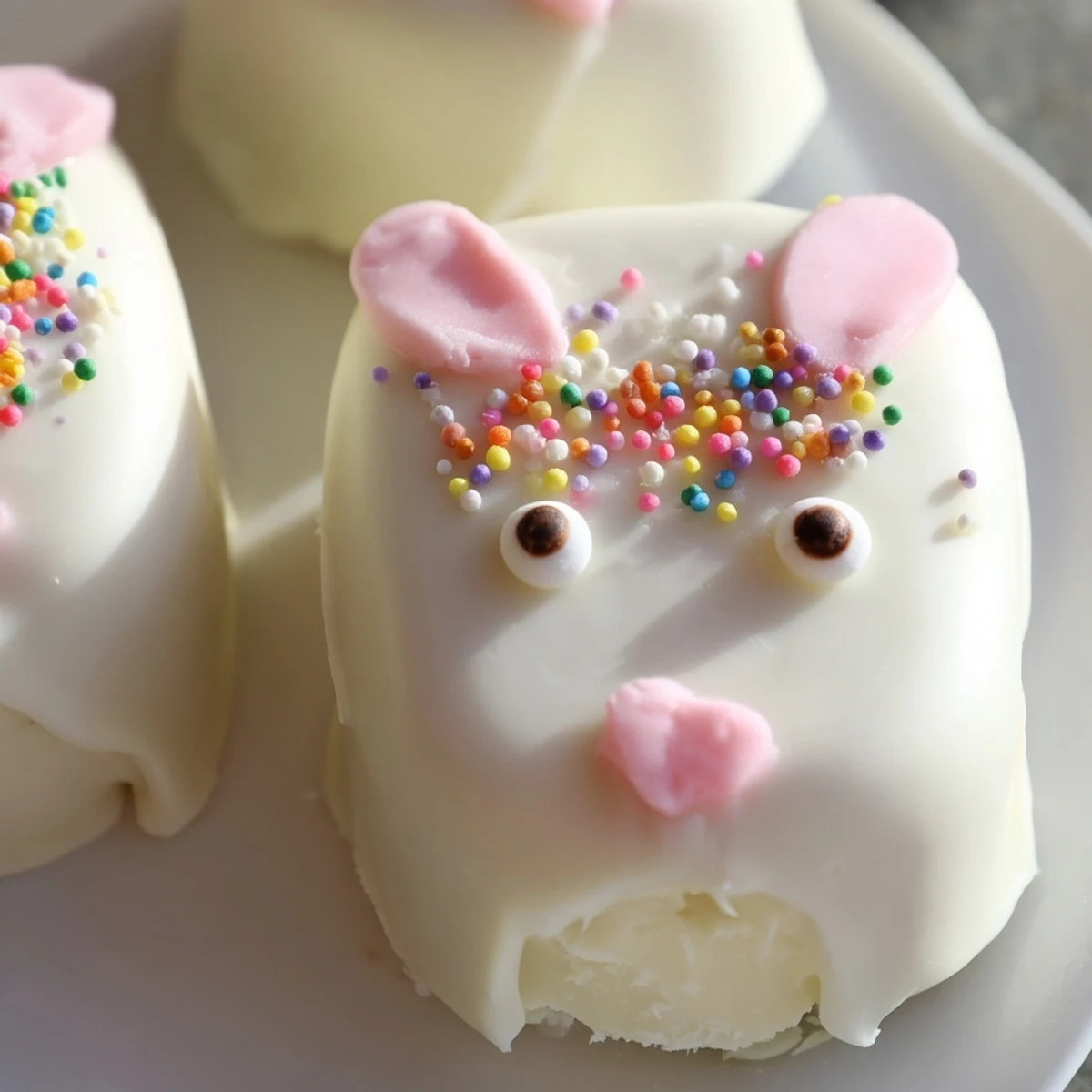 Adorable white chocolate bunny cakesicles decorated with candy eyes on a festive Easter dessert tray