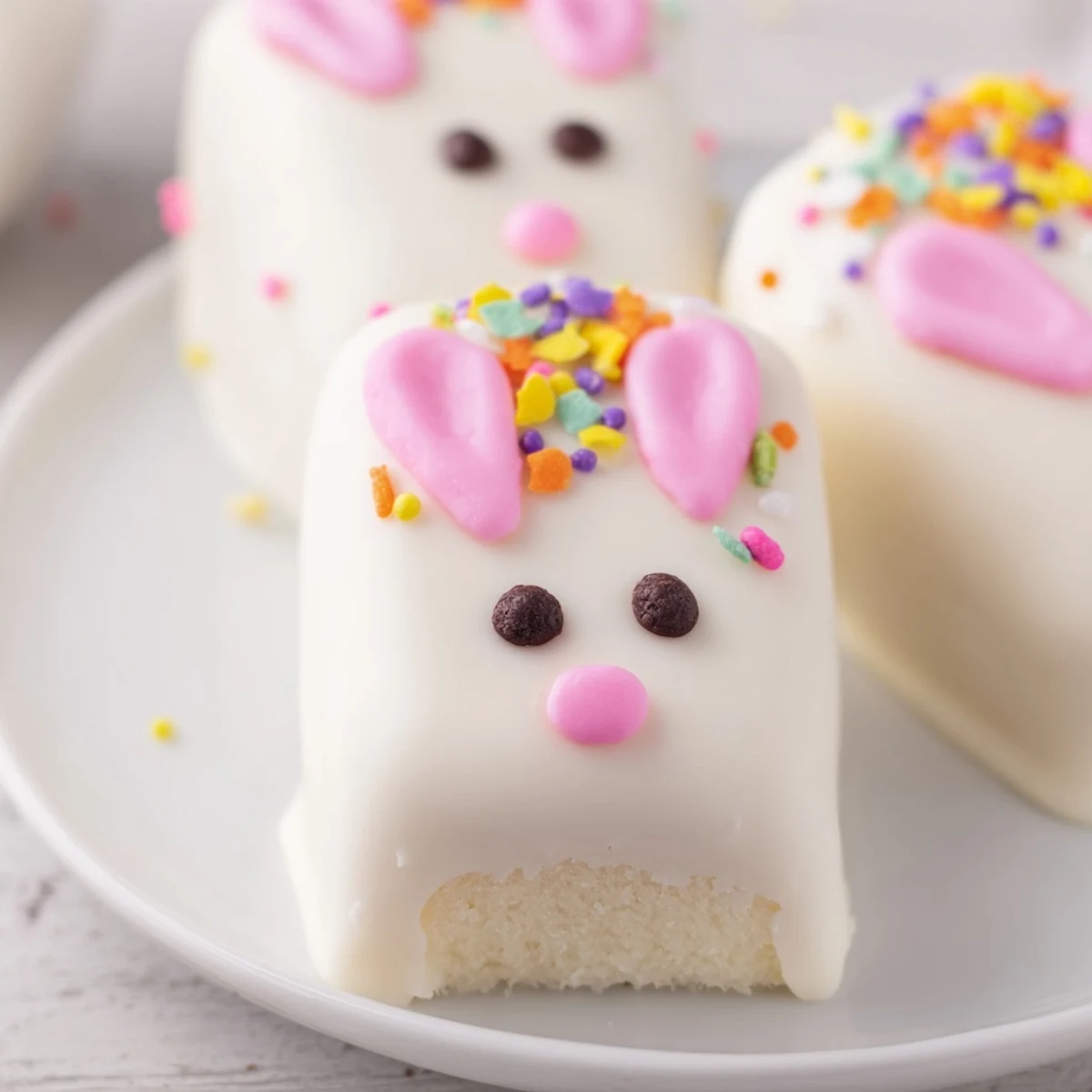 Creamy white chocolate bunny cakesicles with pink fondant ears and colorful spring sprinkles displayed