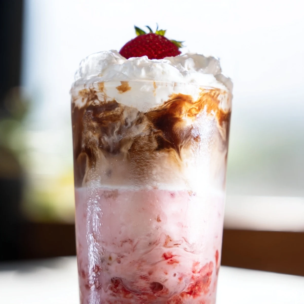 Creamy strawberry cold latte in a tall glass with fresh berry garnish and ice