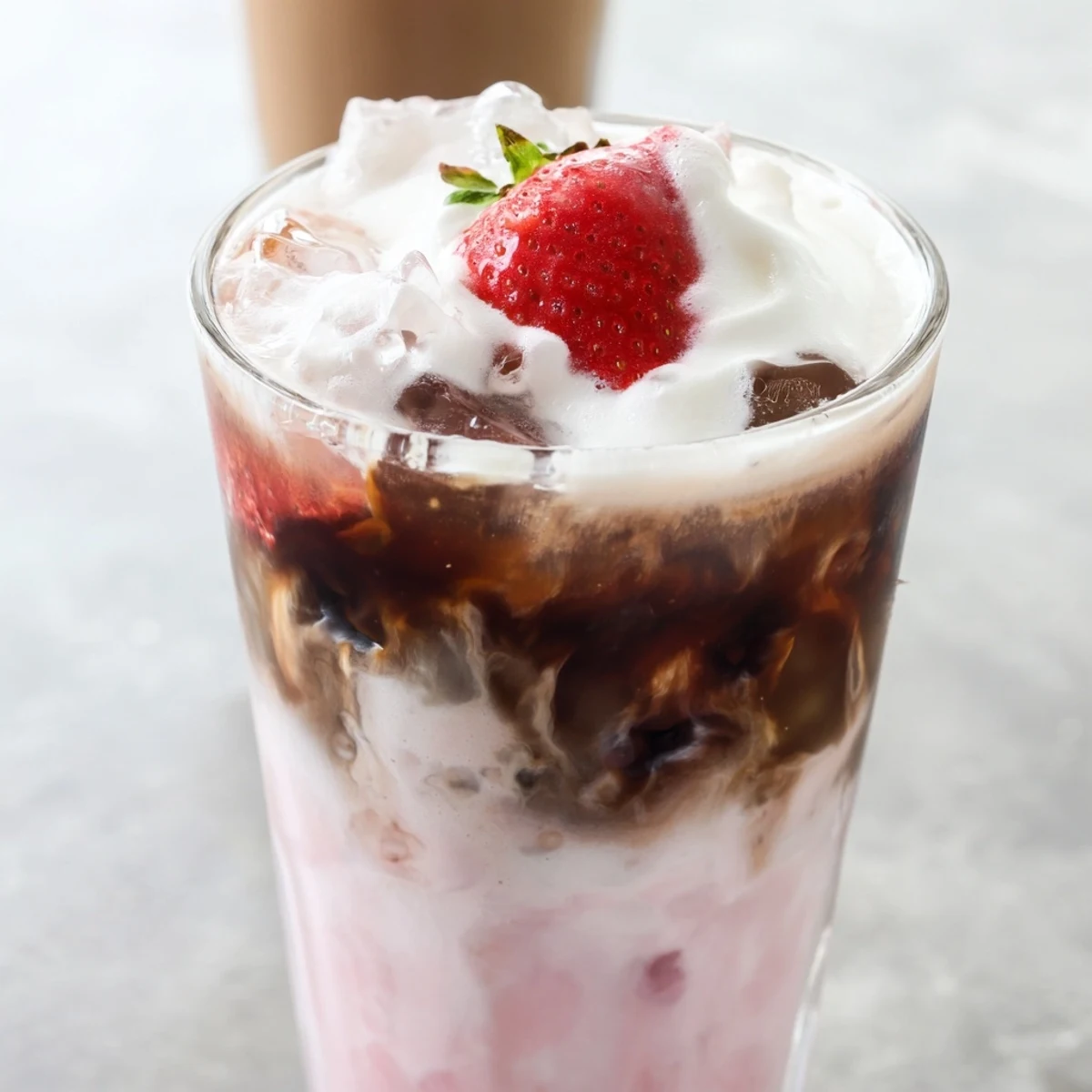 Iced strawberry cream latte with swirled coffee layers topped with fluffy whipped cream