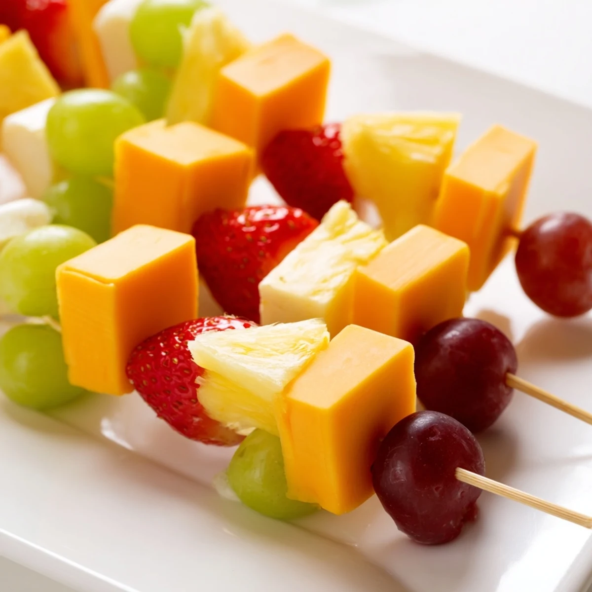 Colorful fruit and cheese kabobs arranged on a white platter with mint garnish