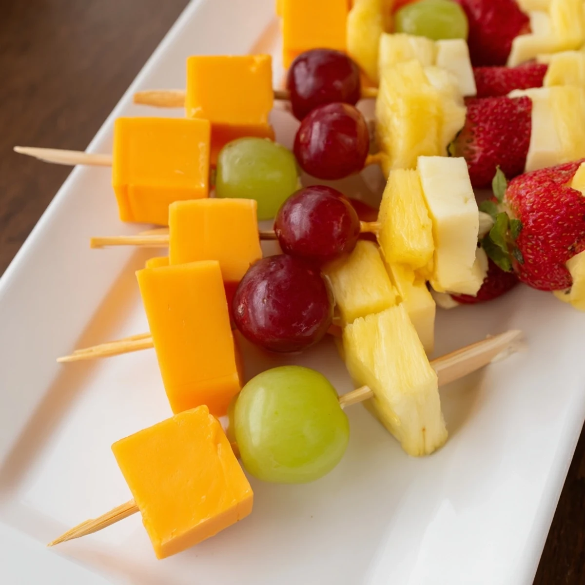 Fresh fruit and cheese kabobs featuring red grapes strawberries pineapple and cheddar cubes