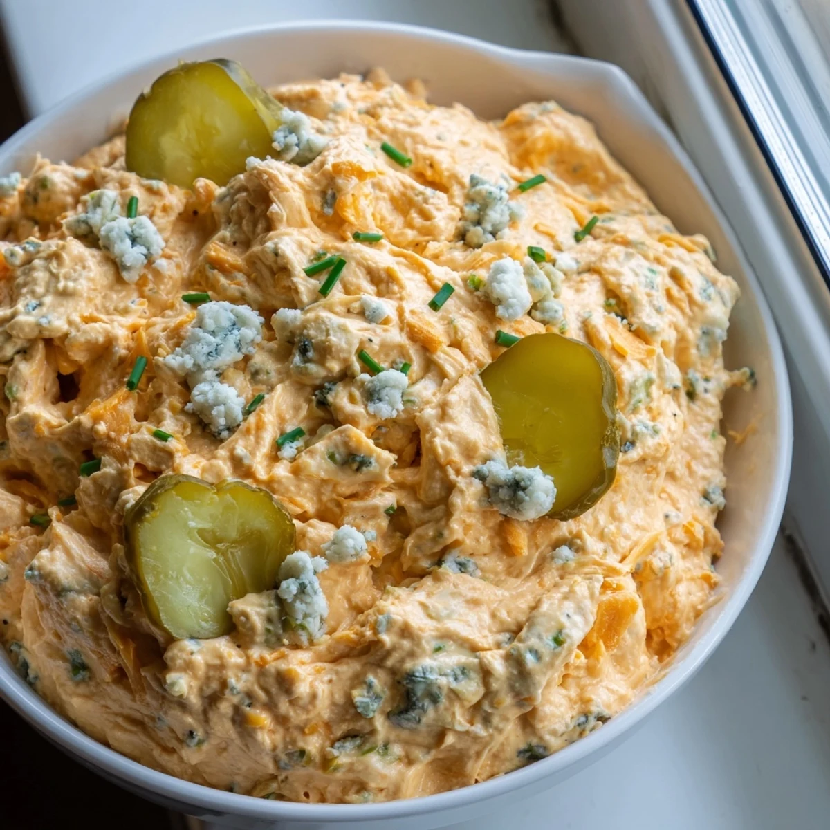 Tangy buffalo pickle dip topped with cheddar cheese and chopped chives ready for party snacking