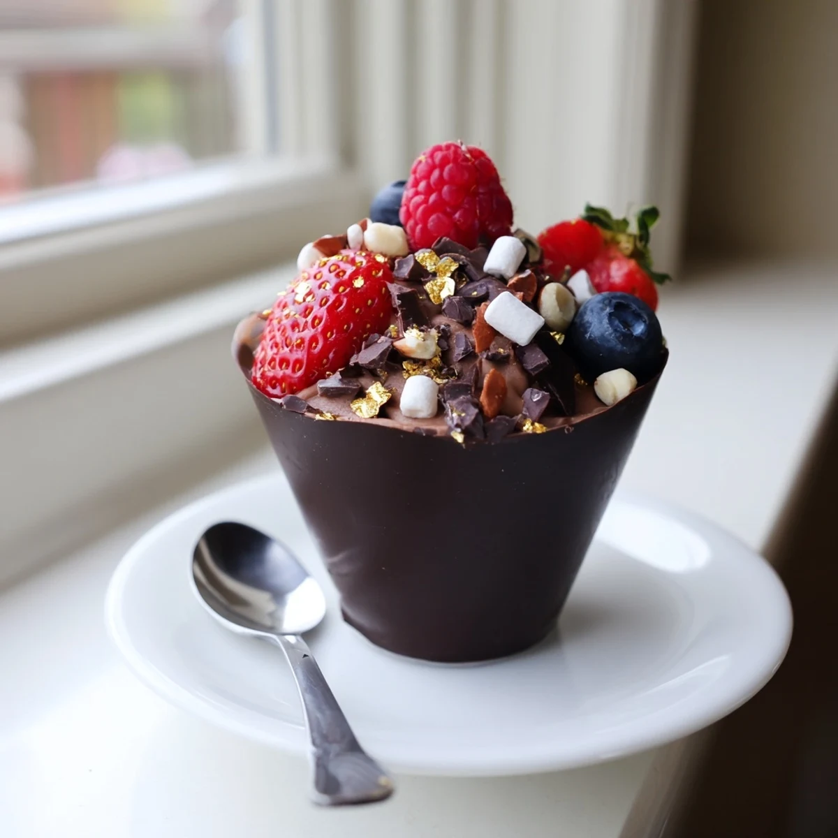 Chocolate grazing cups filled with velvety mousse and topped with fresh berries and nuts
