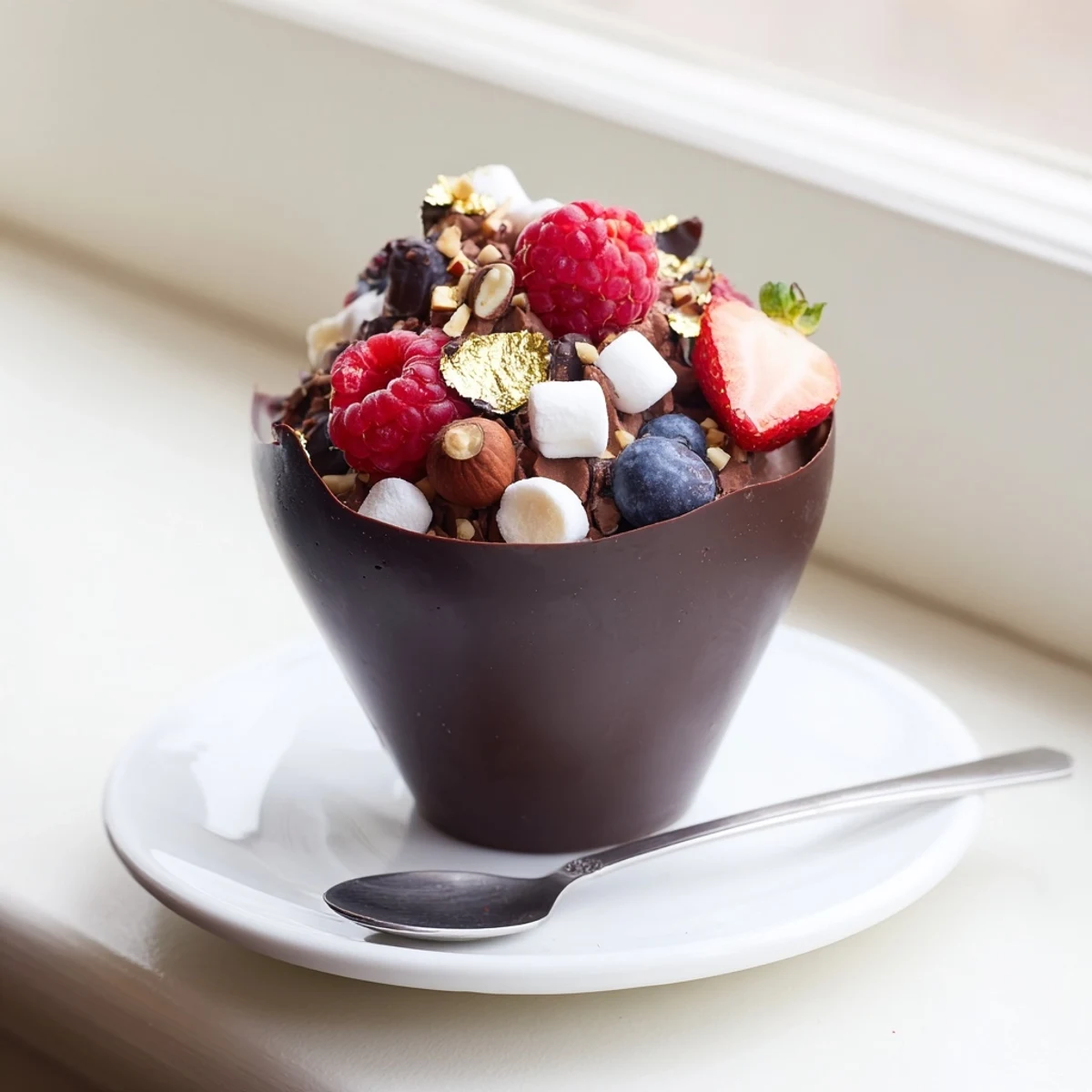 Elegant chocolate grazing cups with glossy mousse, jewel-toned berries, and crunchy nut garnishes