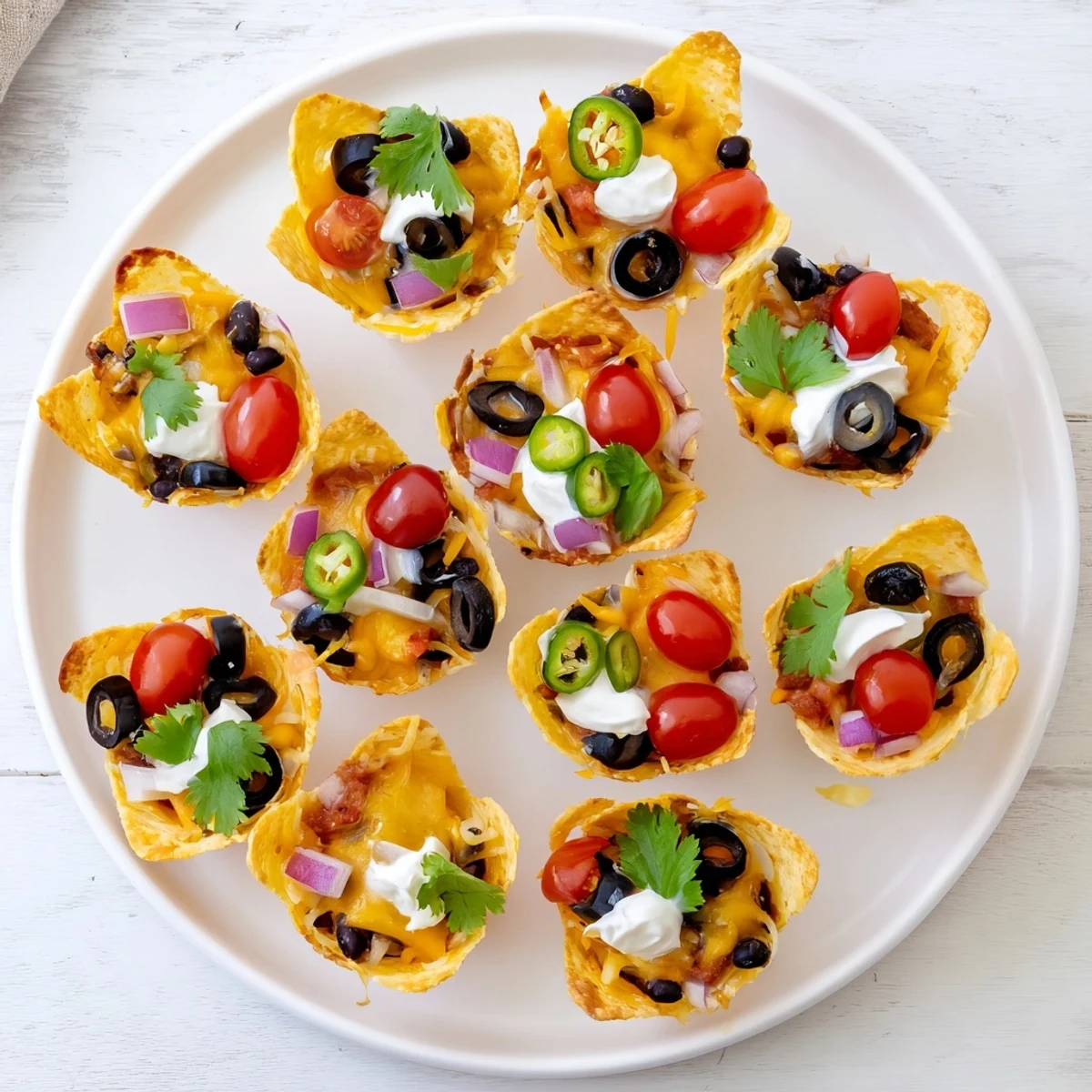 Golden cheesy nacho cups bubbling with melted cheddar and colorful fresh toppings arranged on a platter