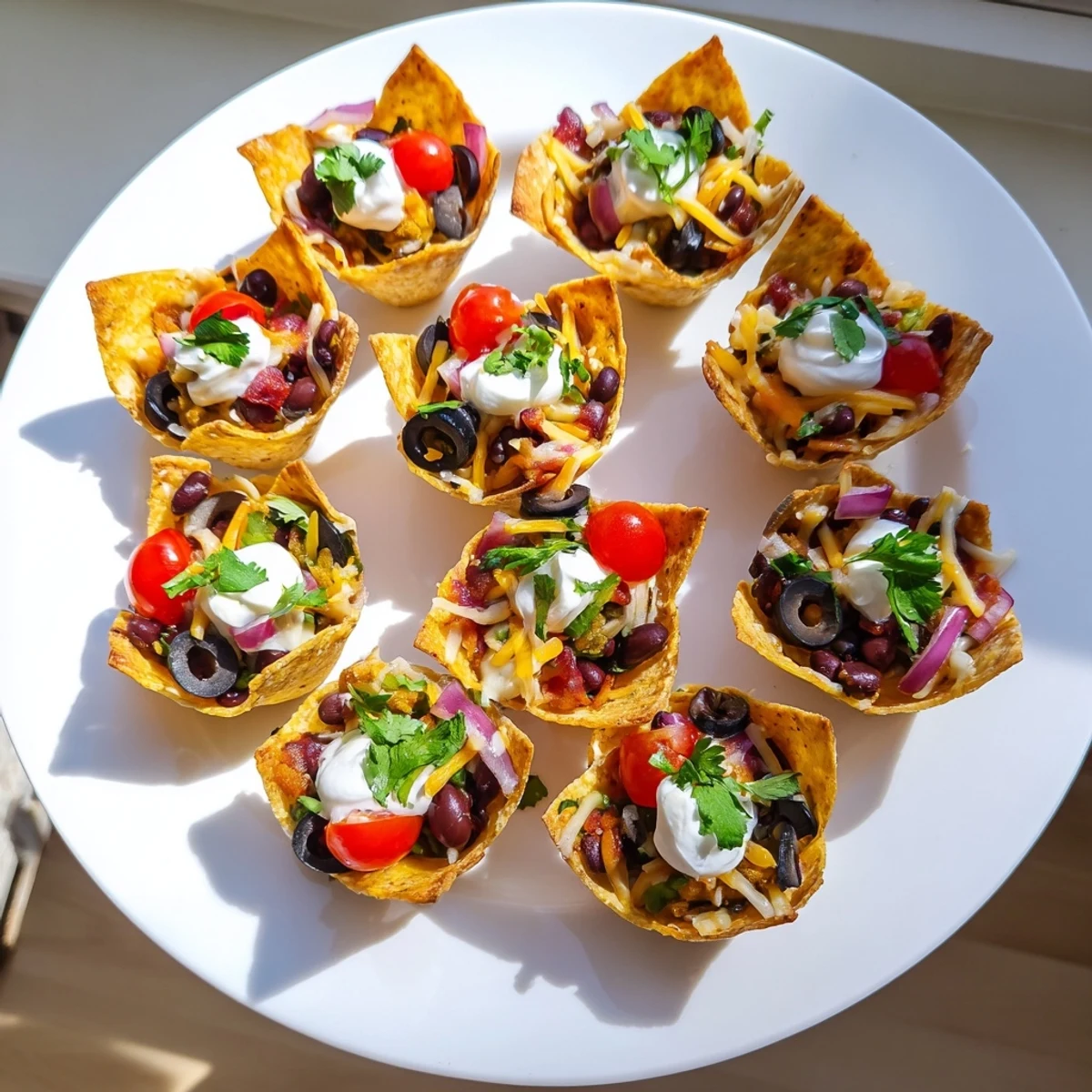 Crispy tortilla scoops overflowing with gooey melted cheese beans and zesty garnishes ready for serving