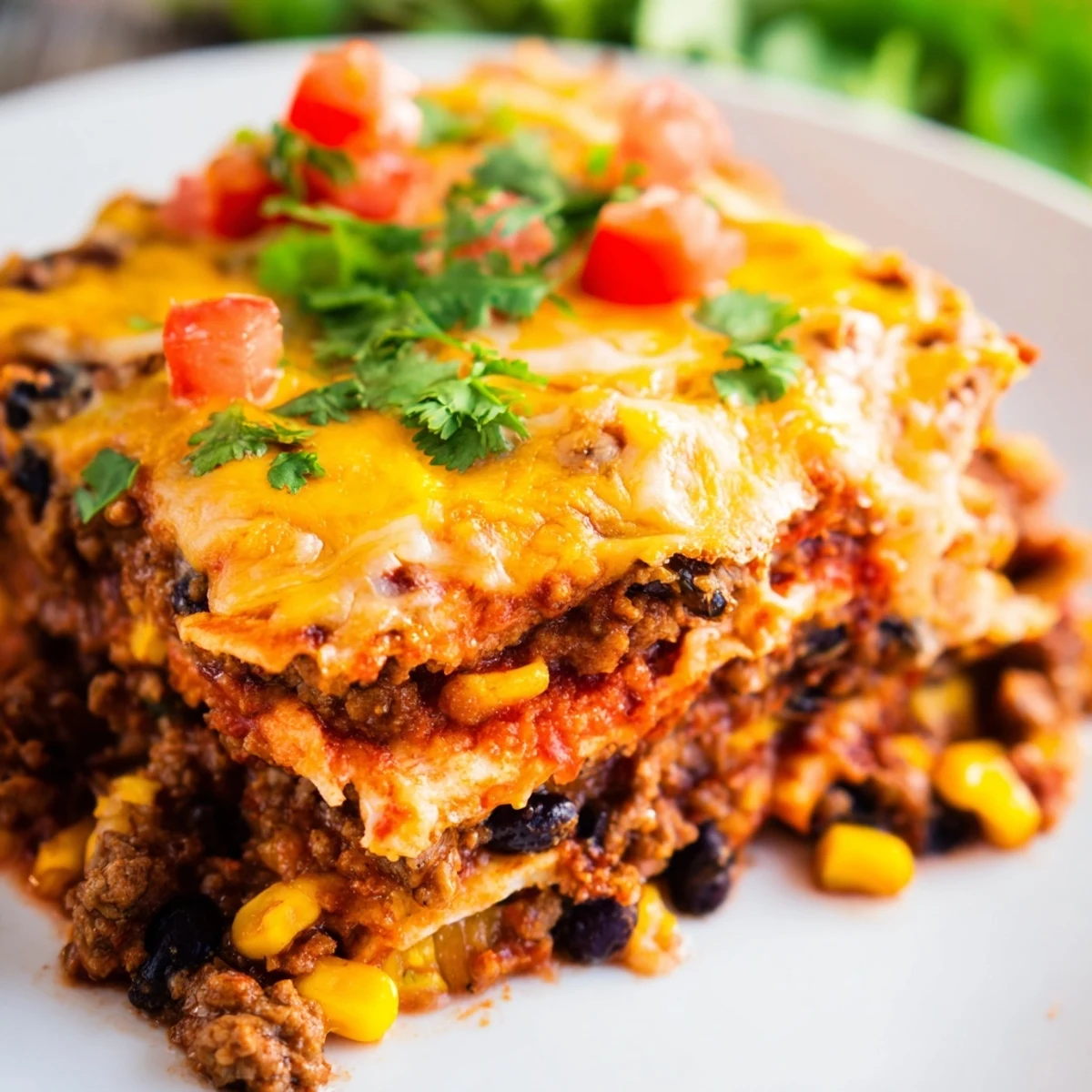 Golden bubbling Baked Beef Enchilada Casserole topped with melted cheese and fresh cilantro garnish