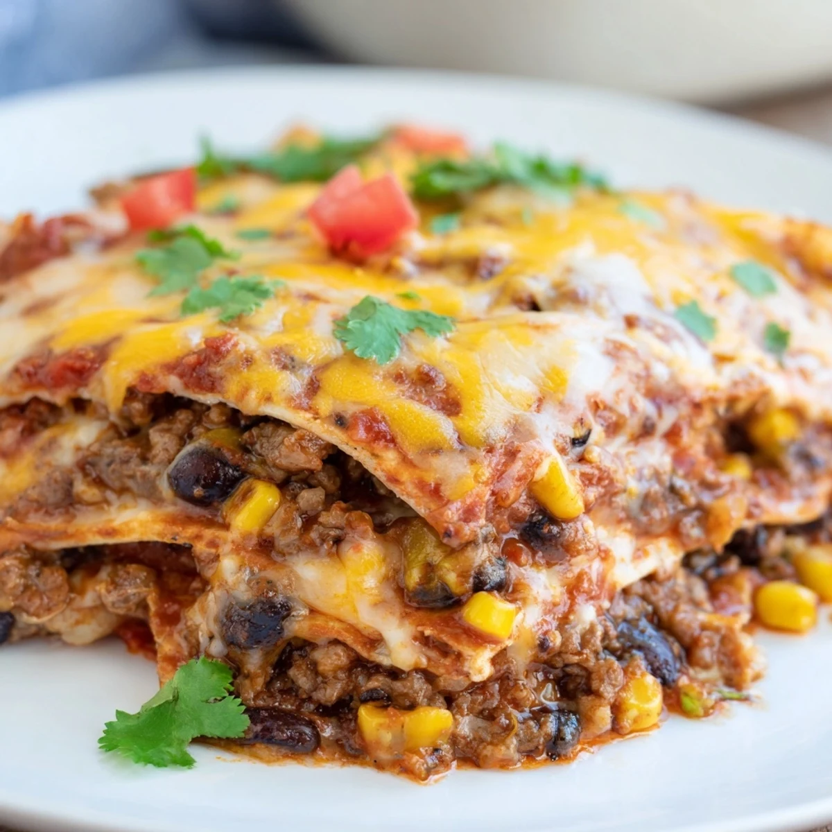Layered Baked Beef Enchilada Casserole with rich red sauce, corn tortillas, and gooey cheddar