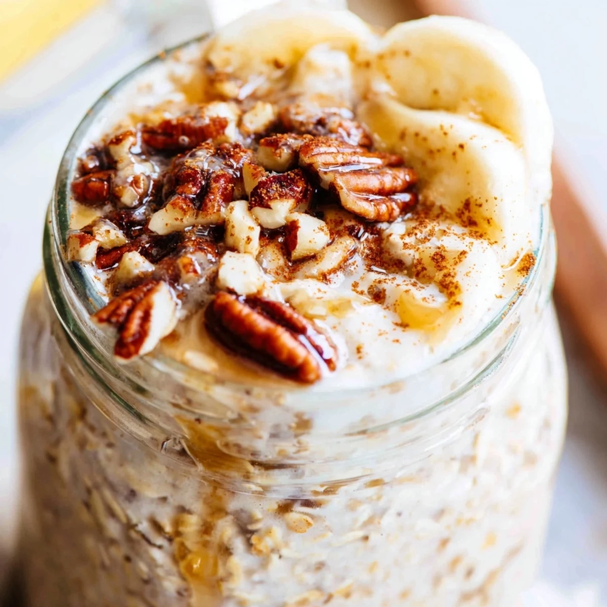 Creamy maple cinnamon pecan overnight oats topped with crunchy nuts in a glass jar
