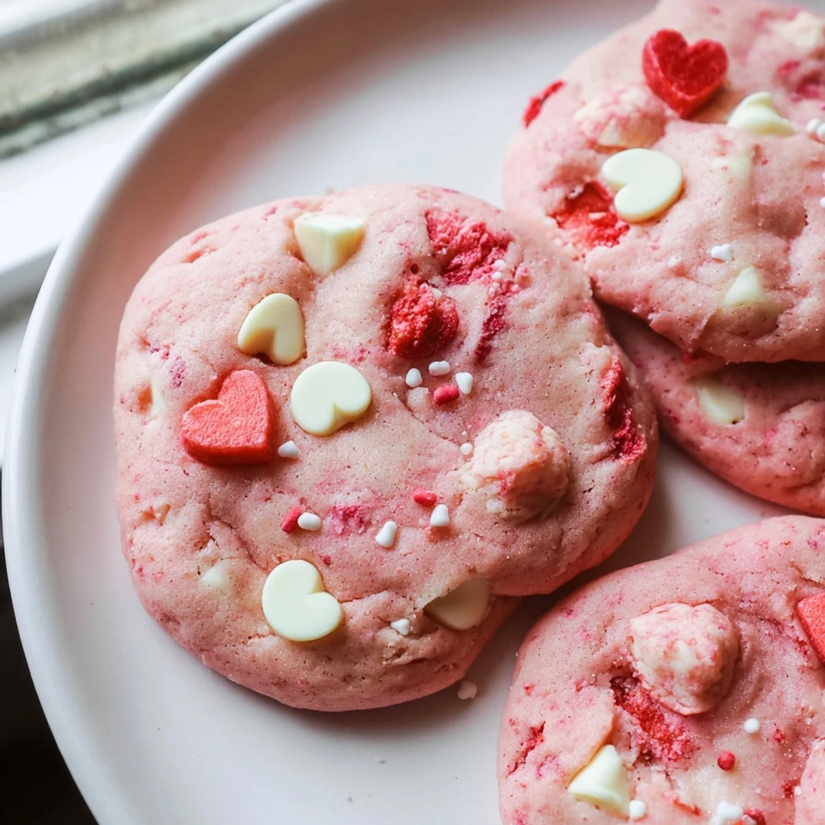Soft pink Valentine strawberry cookies with white chocolate chips arranged on a rustic baking sheet