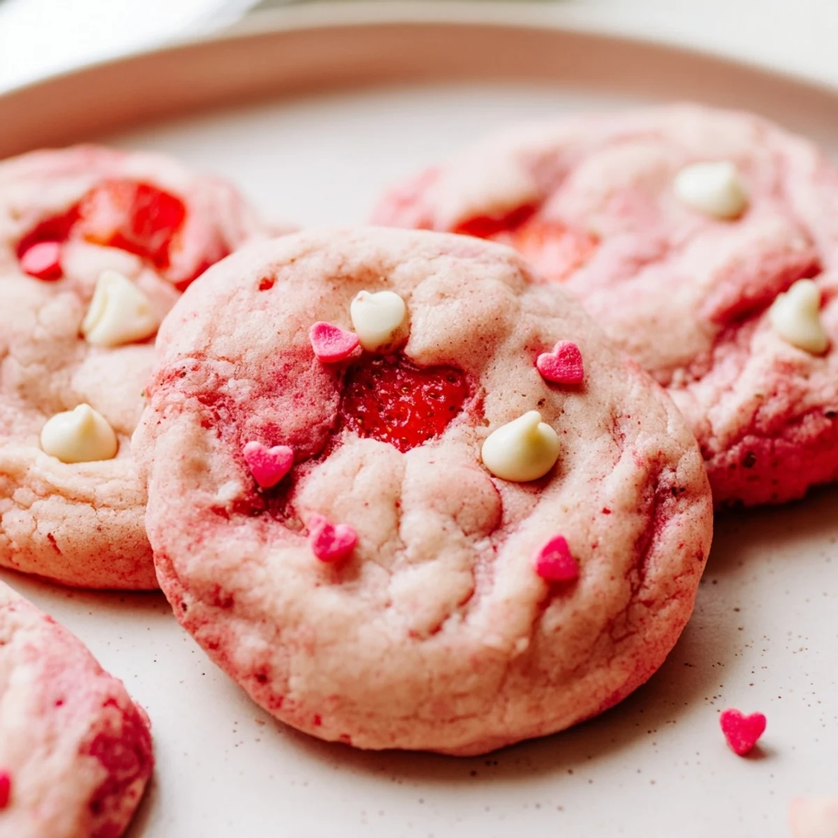 Chewy Valentine strawberry cookies topped with heart sprinkles stacked on a white ceramic plate