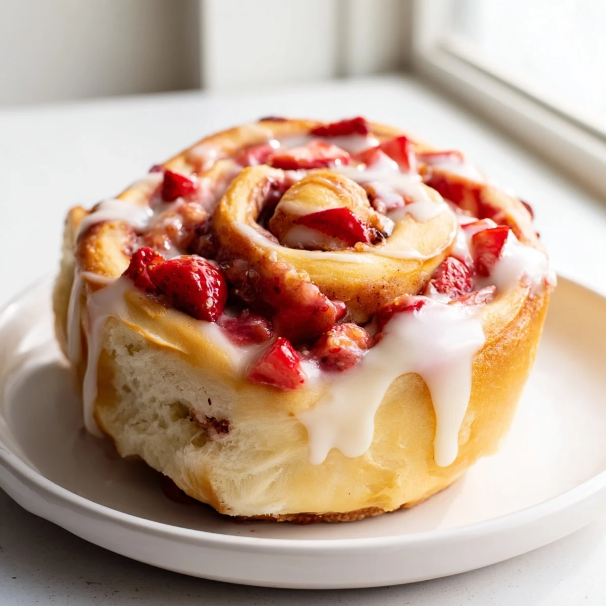 Golden strawberry cinnamon rolls drizzled with cream cheese glaze on a white plate