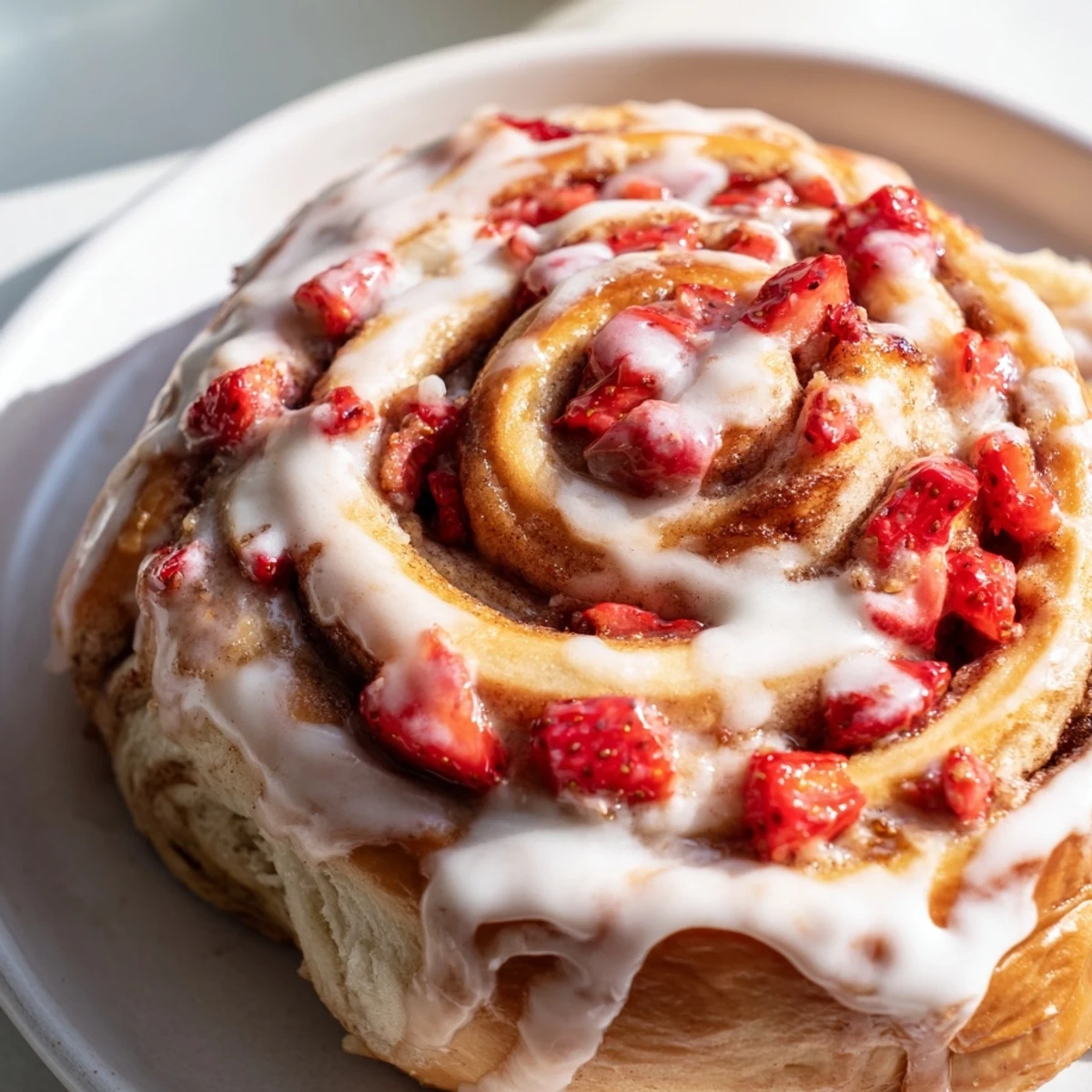 Fresh strawberry cinnamon rolls with bubbling fruit filling cooling in a baking dish