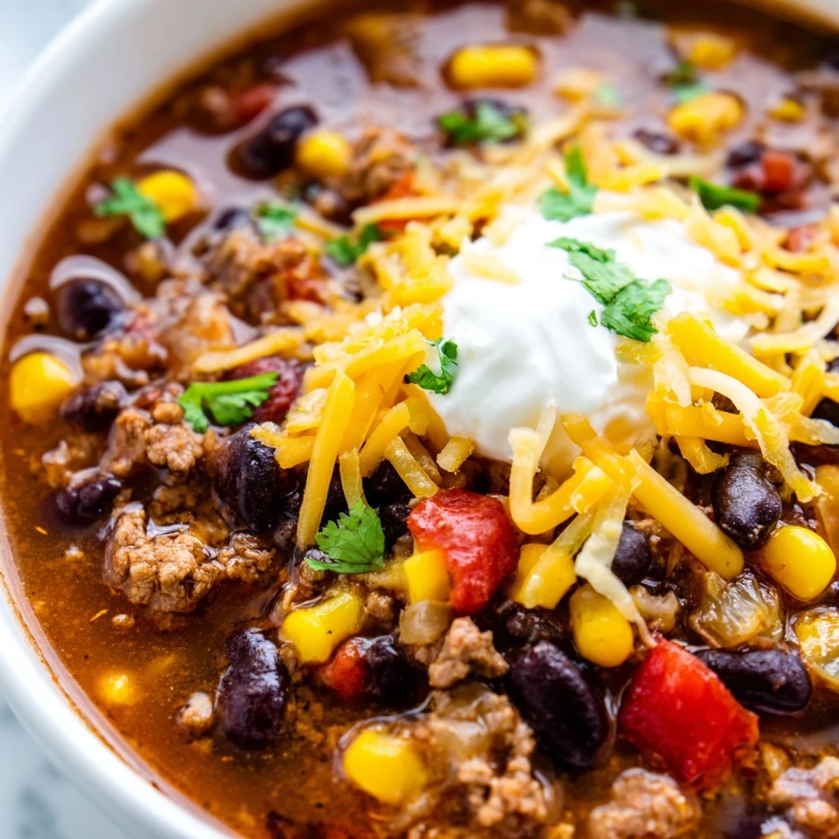 Steaming bowl of crockpot ground beef taco soup topped with shredded cheese and cilantro