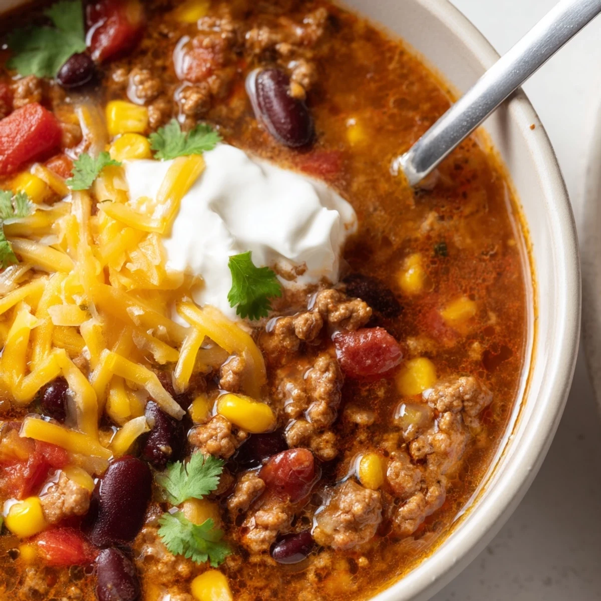 Hearty crockpot ground beef taco soup loaded with beans, corn, and diced tomatoes