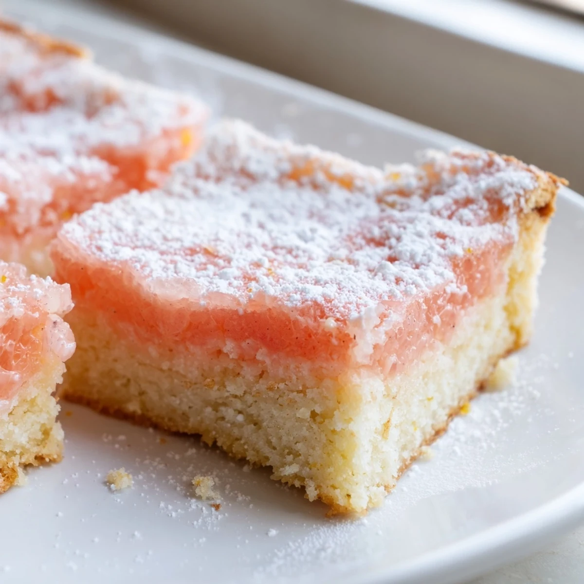 Golden grapefruit bars with tangy pink custard atop a buttery shortbread crust