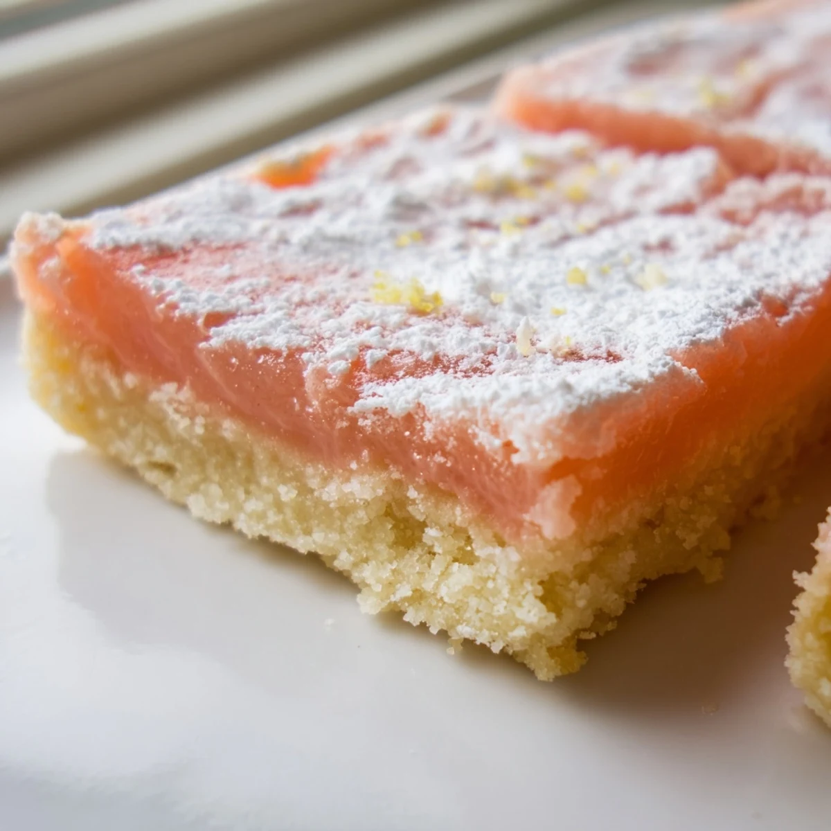 Bright citrus grapefruit bars dusted with powdered sugar on a rustic plate