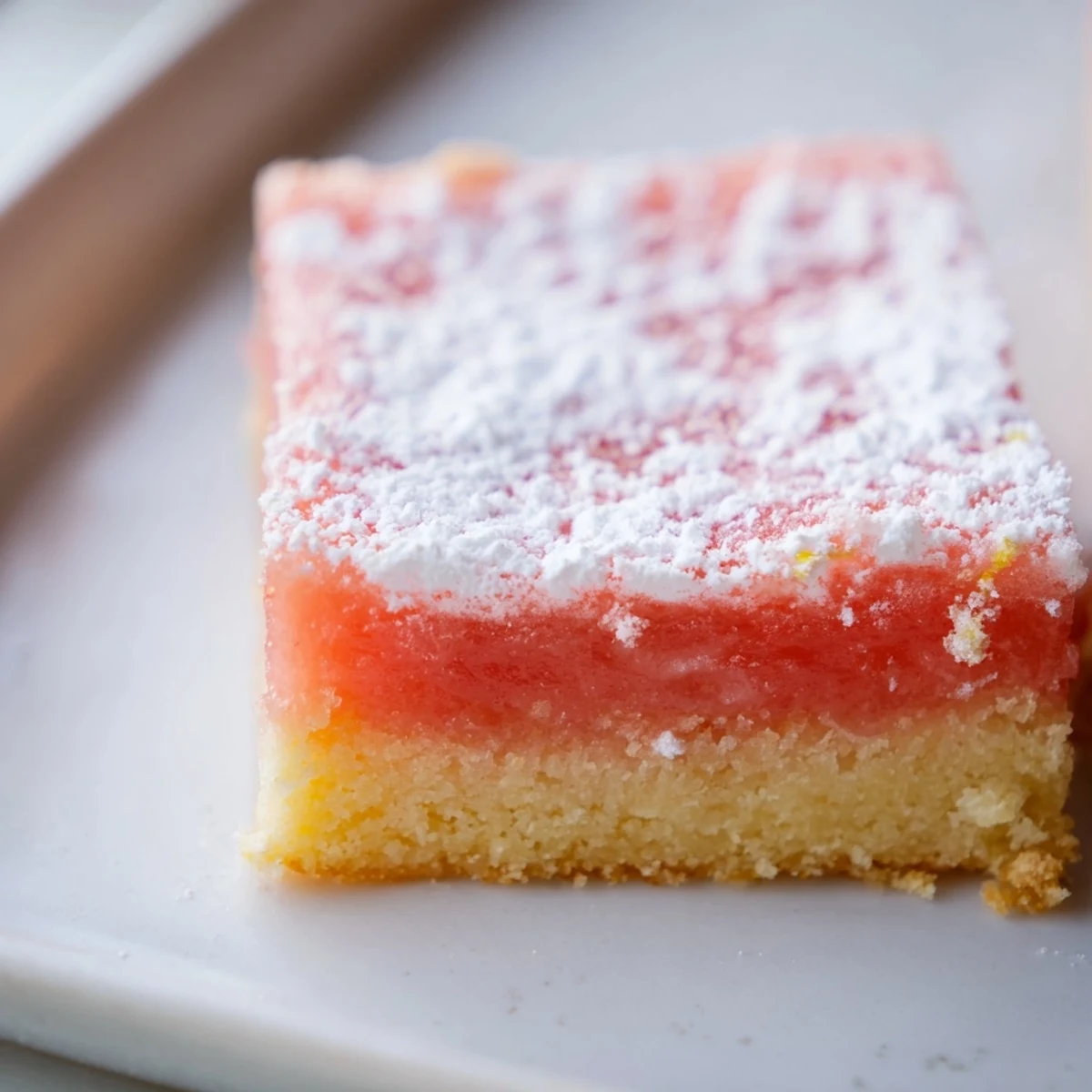 Creamy grapefruit bars sliced into neat squares showing a vibrant pink filling