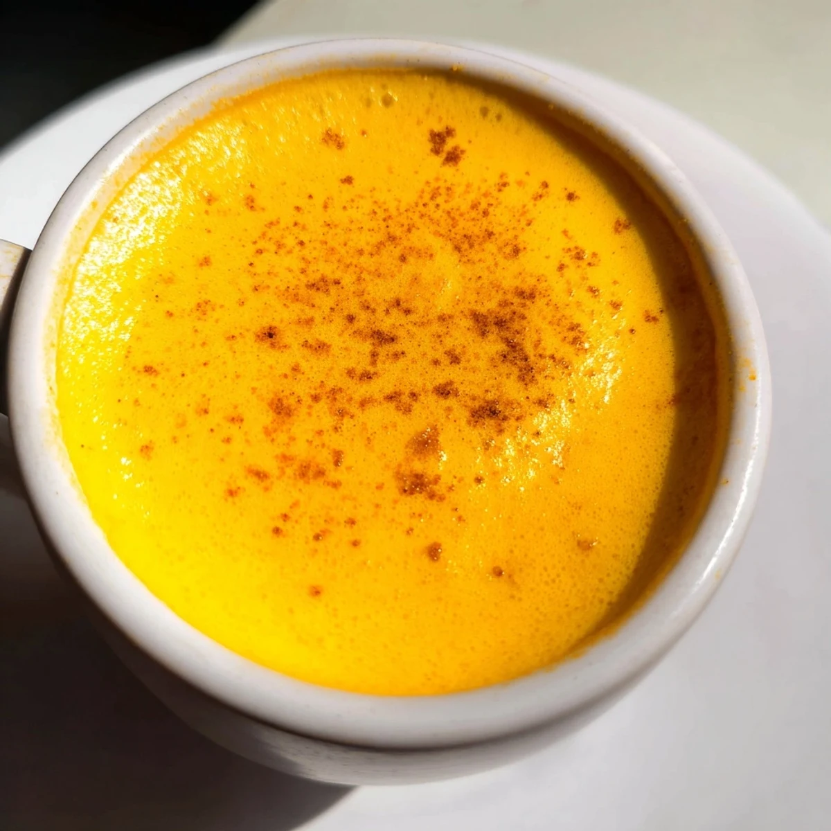 Golden Korean sweet potato latte swirling with velvety milk and a dusting of nutmeg