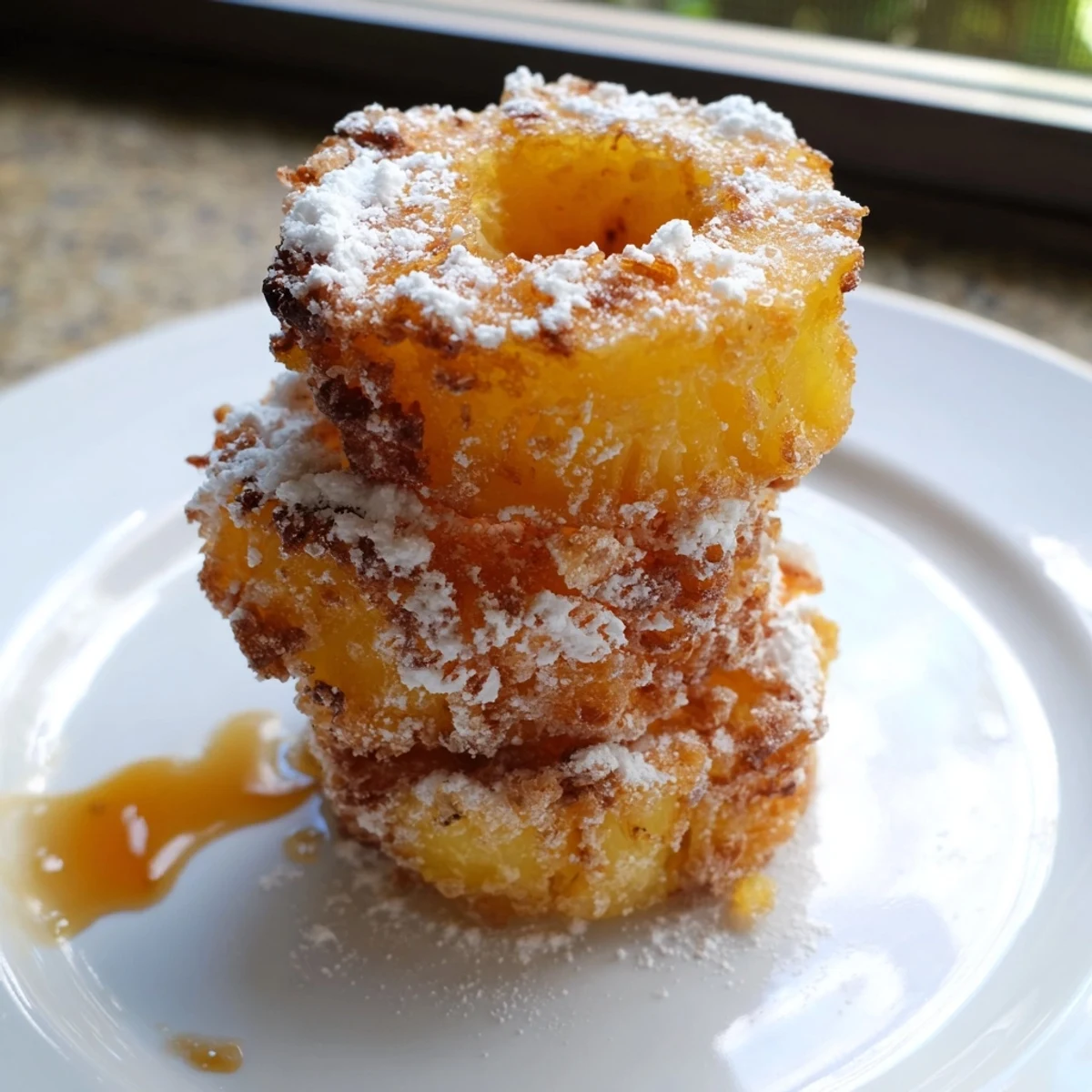 Golden caramelized fried pineapple rings dusted with powdered sugar on a rustic plate