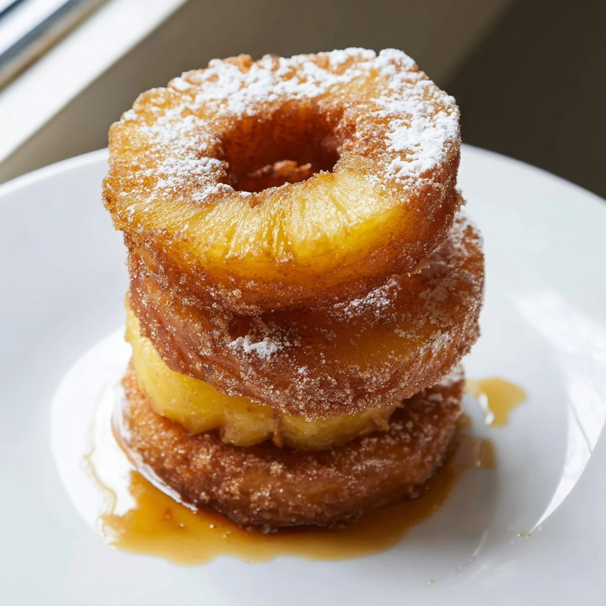 Crispy battered fried pineapple rings drizzled with caramel sauce beside vanilla ice cream