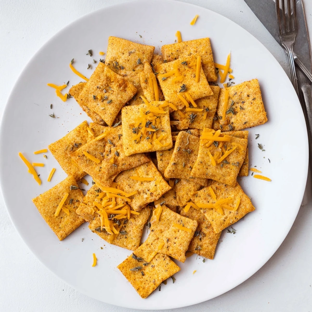 Golden taco crackers topped with melted cheddar and oregano on a parchment-lined baking sheet.