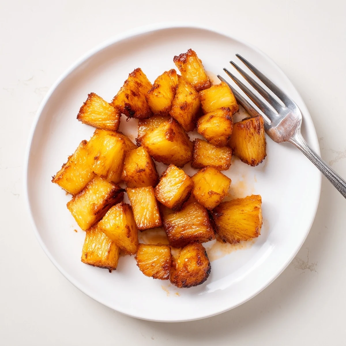 Golden caramelized air fryer pineapple chunks with crispy edges on a rustic plate