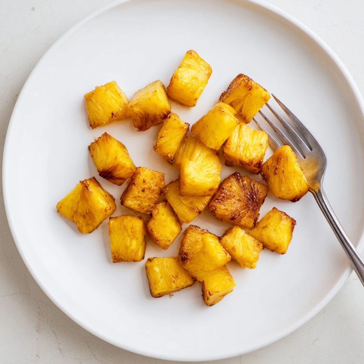 Sweet air fryer pineapple chunks glistening with cinnamon sugar served warm