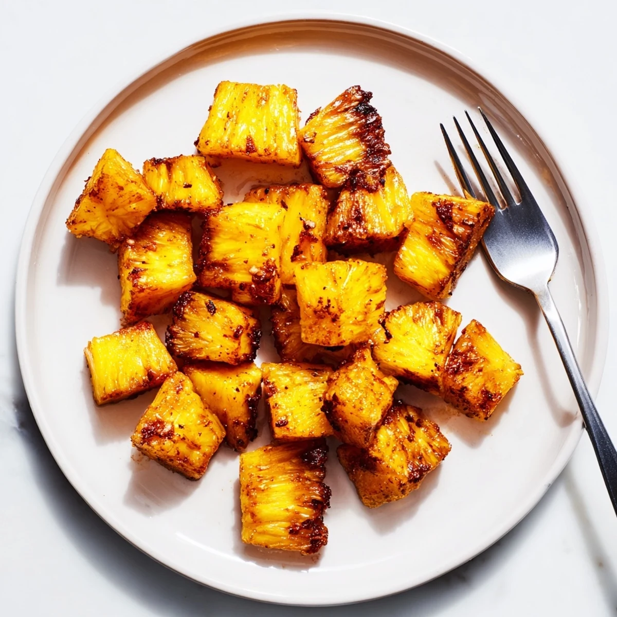 Juicy caramelized air fryer pineapple chunks topped over creamy vanilla yogurt
