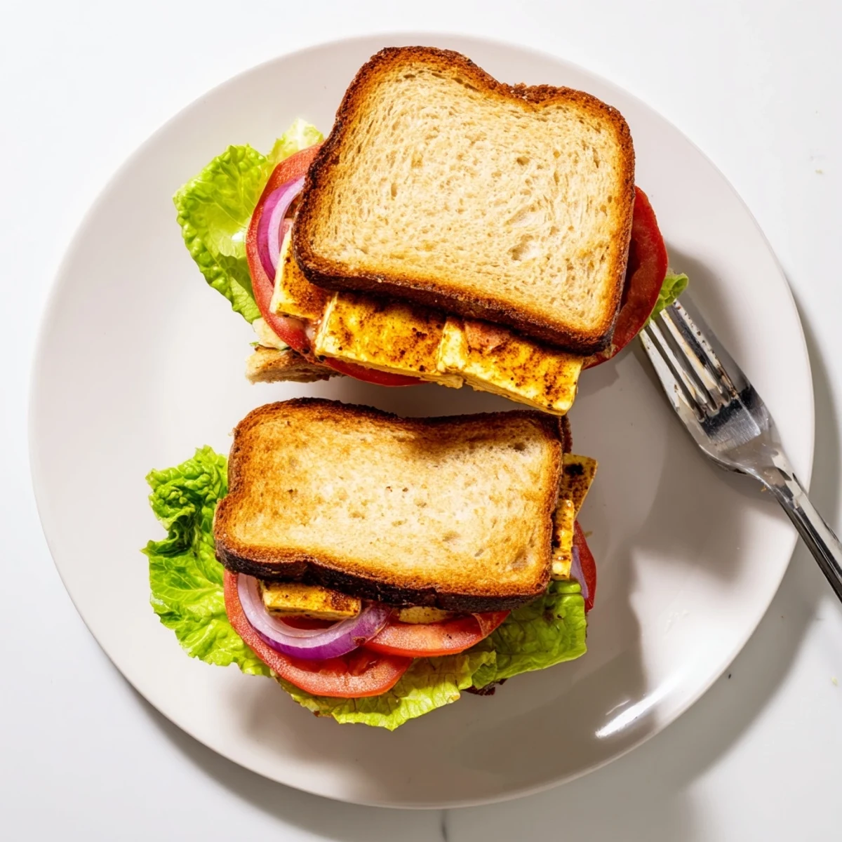 Grilled smoky tofu slices nestled between fresh lettuce and ripe tomato in TLT Sandwich