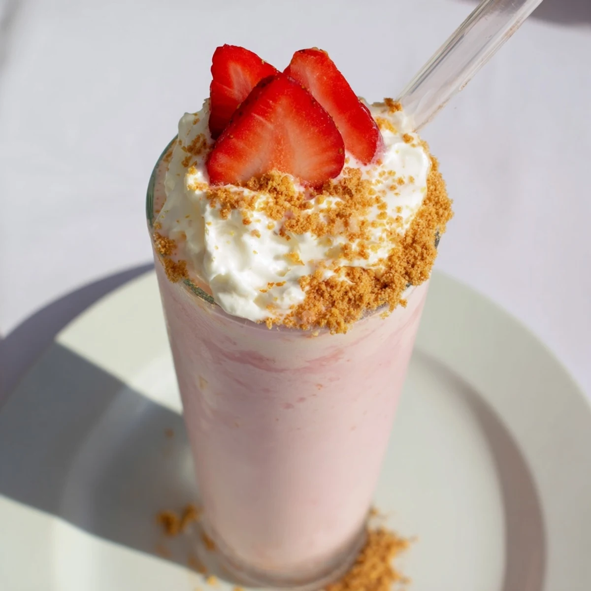 Tall glass of strawberry cheesecake milkshake topped with whipped cream and graham cracker crumbs